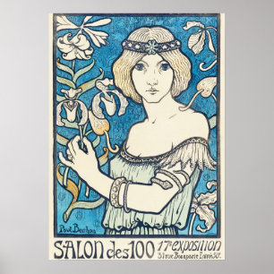 Vintage Art Nouveau Kvinna Blommig Affischtryck Poster