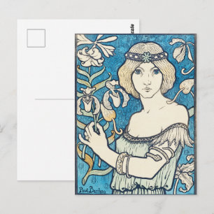 Vintage Art Nouveau Kvinna Blommig Affischtryck Vykort