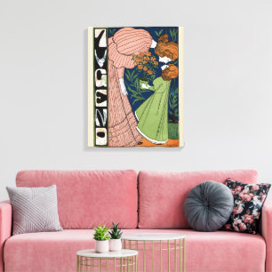Vintage Art Nouveau Kvinna & Flicka Grön Klänning Canvastryck