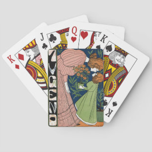 Vintage Art Nouveau Kvinna & Flicka Grön Klänning Casinokort