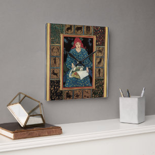 Vintage Art Nouveau, Kvinna som läser astrologibok Fyrkantig Klocka