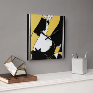 Vintage Art Nouveau, Kvinna som läser en gul bok Fyrkantig Klocka
