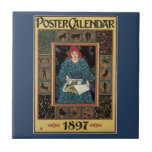 Vintage Art nouveau, kvinnoläsande akstrologi Bok Kakelplatta<br><div class="desc">Vintage illustration av art nouveau reklamdesign med en Poster kalender av Louis John Rhead,  1897. Den här reklamtidskriften visar att en Victorian dam läser en hormontidning med de tolv tecknen på Zodiac som omger henne.</div>