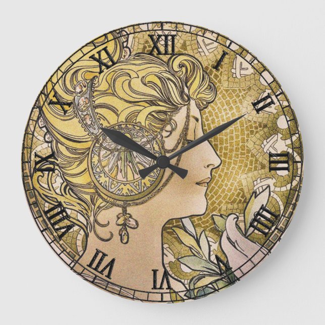 Vintage Art nouveau "La Plume" av Mucha Stor Klocka (Framsida)