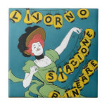 Vintage Art nouveau, Livorno Senorita Dancing Kakelplatta<br><div class="desc">Vintage illustration art nouveau-reklamen poster Livorno Stagione Balneare av Leonetto Cappiello,  1901. En reklamaffisch för en italiensk semestersäsong och utställning av deras lokala konst och industrier i Livorno-Italien med en lycklig,  leende kvinna som dansar med strängar av pappra kinesiska lyktor.</div>