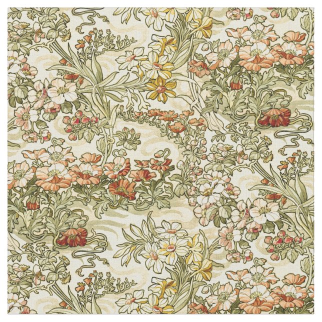 Vintage Art nouveau Mucha Blommönster Tyg (Närbild)