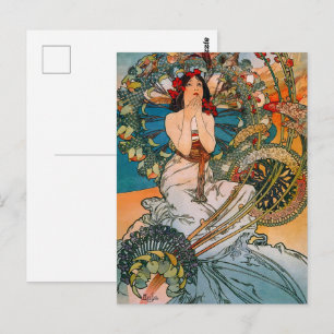 Vintage Art Nouveau Mucha Kvinna Blommig Affisch Vykort