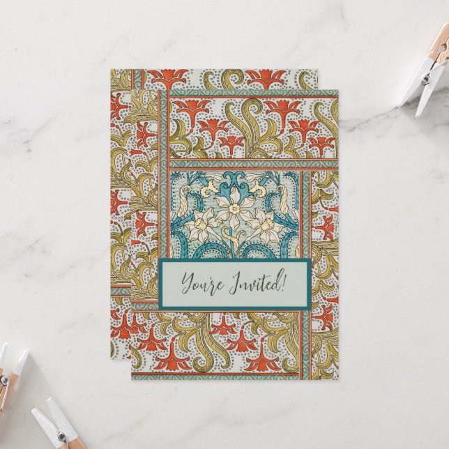 Vintage Art Nouveau Narcissmönster Verneuil Inbjudningar (Fram/Back In Situ)