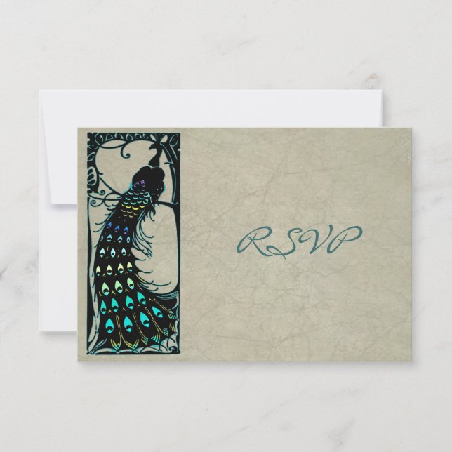 Vintage Art Nouveau Påfågel Bröllop RSVP OSA Kort (Framsida)