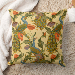 Vintage Art Nouveau Påfågel Vallmo Blommönster Kudde