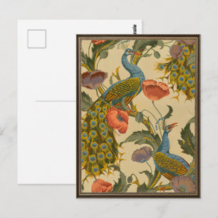 Vintage Art Nouveau Påfågel Vallmo Blommönster Vykort