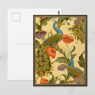 Vintage Art Nouveau Påfågel Vallmo Blommönster Vykort