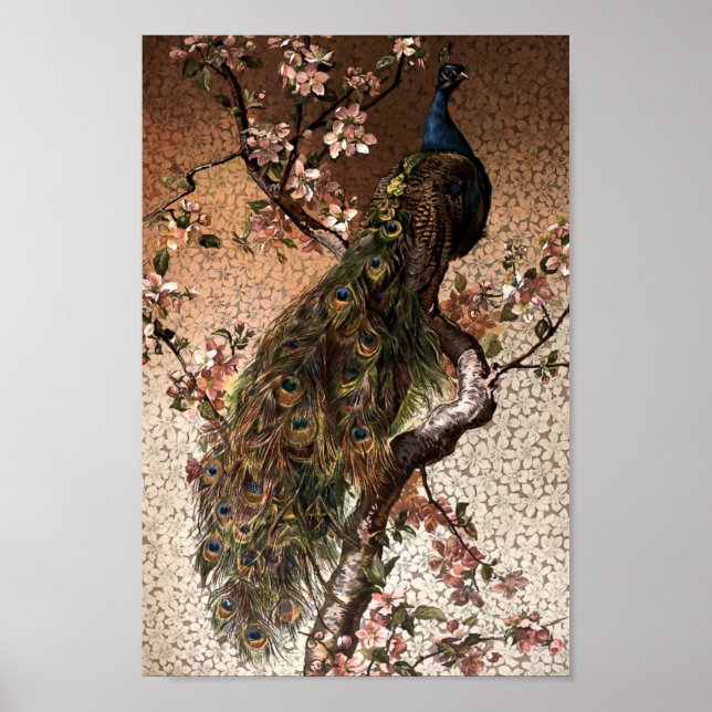 Vintage Art nouveau Peacock vid Blommar Träd Poster (Framsidan)