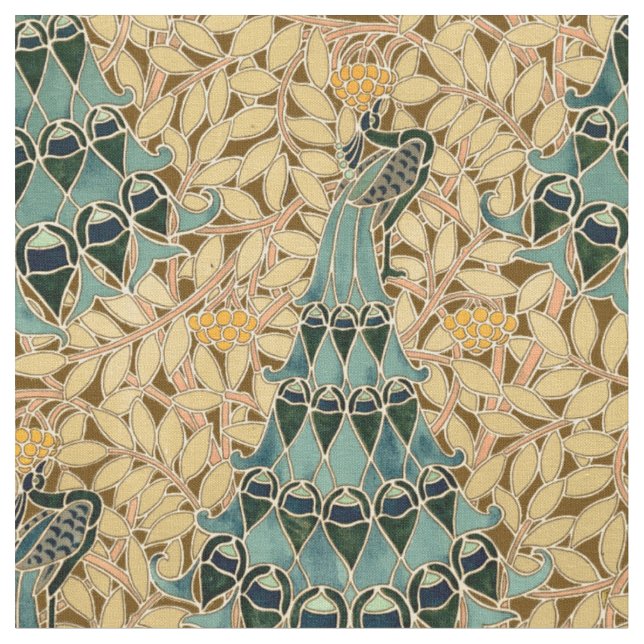 Vintage Art nouveau Peacocks i Träd Mönster Tyg (Närbild)