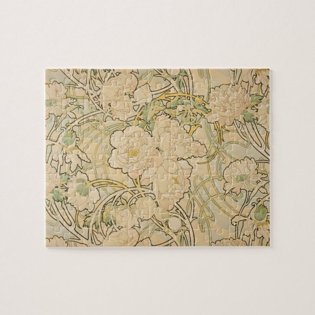 Vintage Art nouveau, Peonies av Alphonse Mucha Pussel (Horisontell)