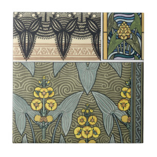 Vintage Art Nouveau Pilblad Trädgårdsblommor Kakelplatta