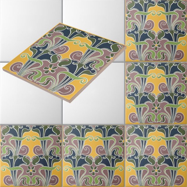 Vintage Art Nouveau Psykedelisk Blommönster Kakelplatta (Skapare uppladdad)