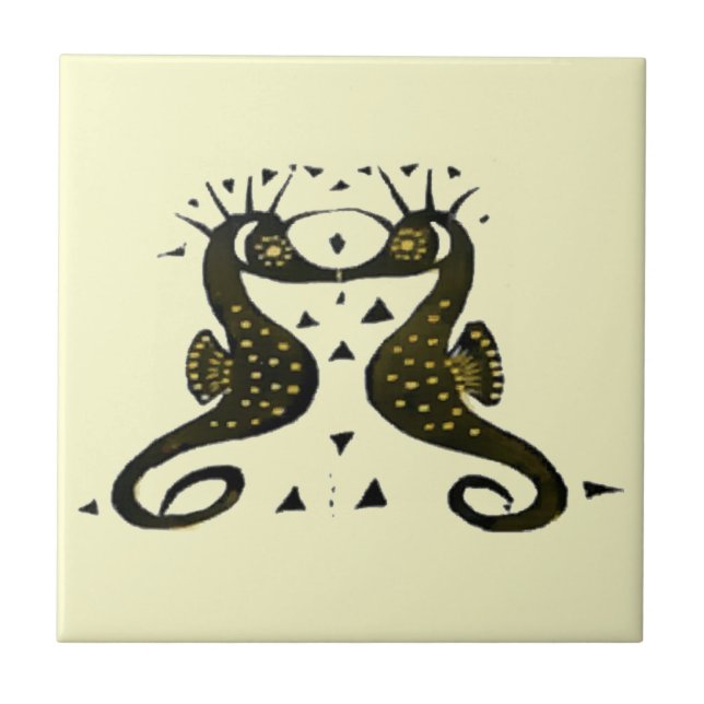 Vintage Art nouveau Seahästar Kakelplatta (Framsidan)