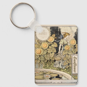 Vintage Art Nouveau Solros Trädgård Grasset Kvinna Nyckelring