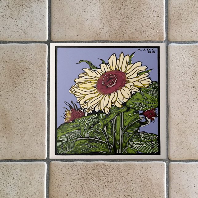 Vintage Art nouveau Solrosfärgad Repro Kakelplatta (Skapare uppladdad)