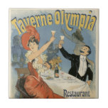 Vintage Art nouveau, Taverne Olympia Restaurant Kakelplatta<br><div class="desc">Vintage illustration av Art nouveau-reklamen poster Jules Cherets utformning för Taverne Olympia Restaurant. I den här vintagen har vi en kärlek och romantik som gör reklam för en kvinna och en man som dricker en skål med champagne och mousserande vin på en lokal romantisk bistro-kafé. De firar med en finare...</div>