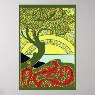 Vintage Art Nouveau Träd & Solnedgång av G. Combaz Poster