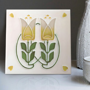 Vintage Art nouveau Tulips & Hearts Gibbons Kakelplatta