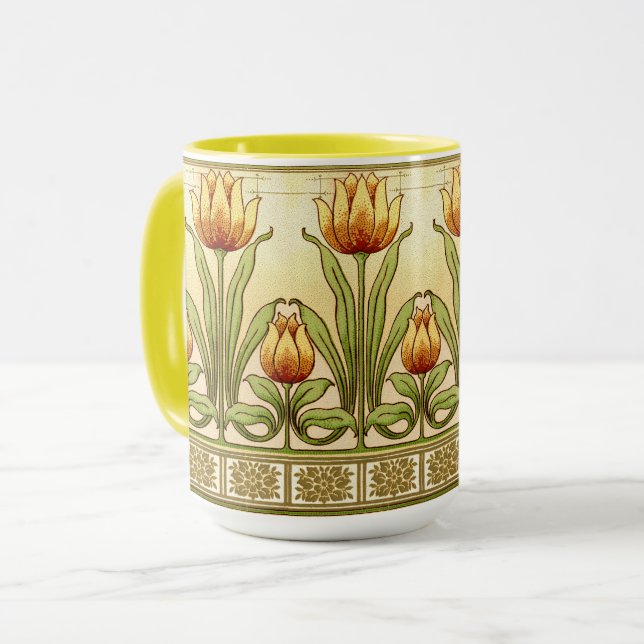Vintage Art Nouveau Tulpan Blommönster Fris Mugg (Framsida vänster)