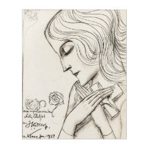 Vintage Art Nouveau vacker ung flicka teckning