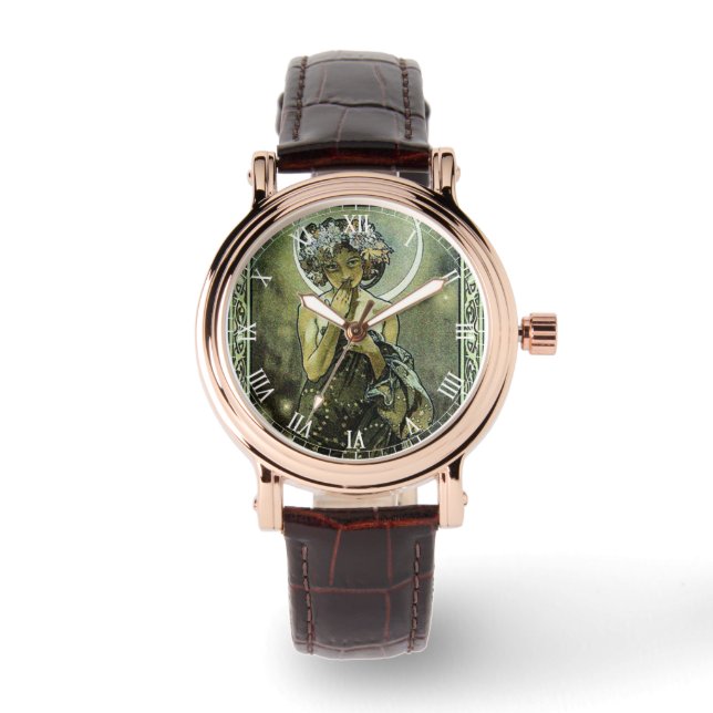 Vintage Art nouveau vid Måne av Mucha Armbandsur (Framsida)