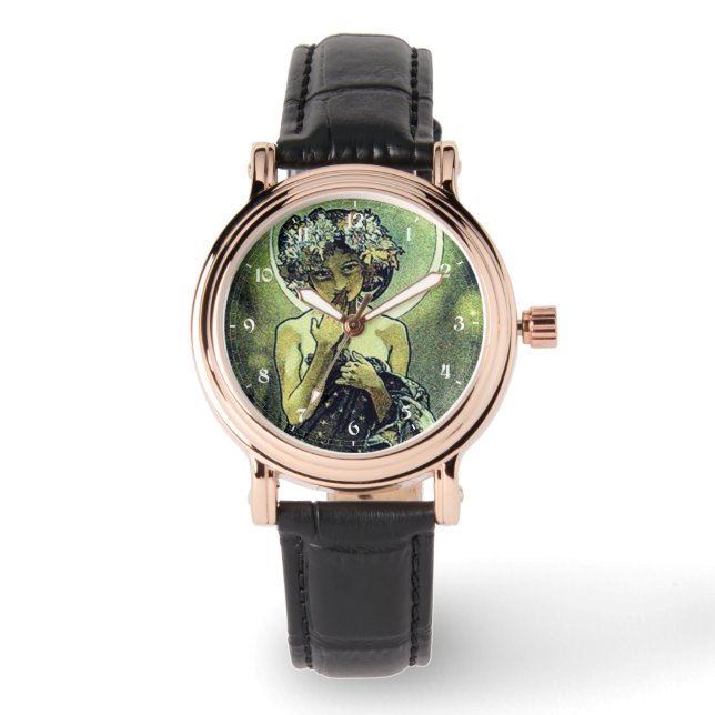 Vintage Art nouveau vid Måne av Mucha Armbandsur (Framsida)