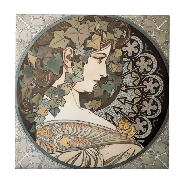 Vintage Art nouveau Woman av Alphonse Mucha Kakelplatta (Framsidan)