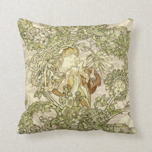 Vintage Art nouveau Woman-Blommönstret av Mucha Kudde