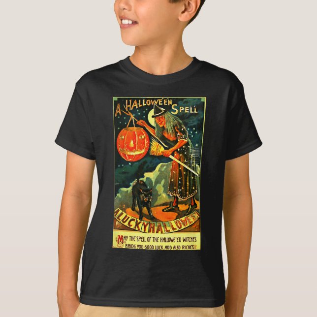 Vintage Art Retro Halloween Witch T Shirt (Framsida)