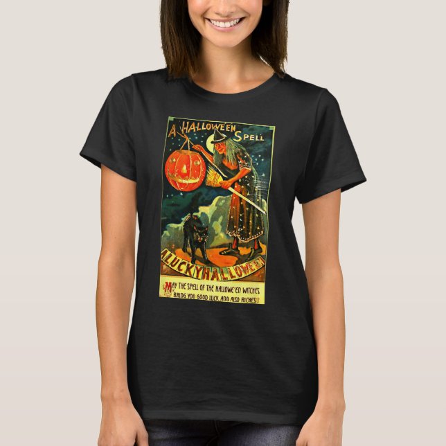 Vintage Art Retro Halloween Witch T Shirt (Framsida)