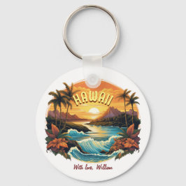 Vintage Art Sunset i Hawaii Beach Mountains Nyckelring