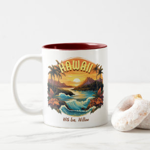 Vintage Art Sunset i Hawaii Beach Mountains Två-Tonad Mugg