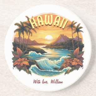 Vintage Art Sunset i Hawaii Beach Mountains Underlägg