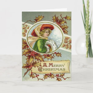 Vintage Art Victorian Girl-julscenen Helgkort
