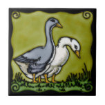 Vintage Arts and Crafts Ducks Kakelplatta<br><div class="desc">Vintage era ceramic tile picture of two ducks,  one gray,  one white,  on a fern green background with black border. Arts and Crafts style design. The ducks are domestic farm birds.</div>