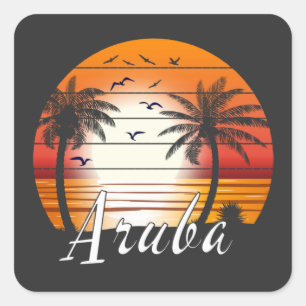 Vintage Aruba Handflatan Träd Sommarbuss Fyrkantigt Klistermärke