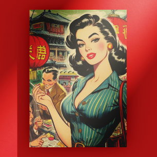 Vintage Asian Girl Illustration Vykort