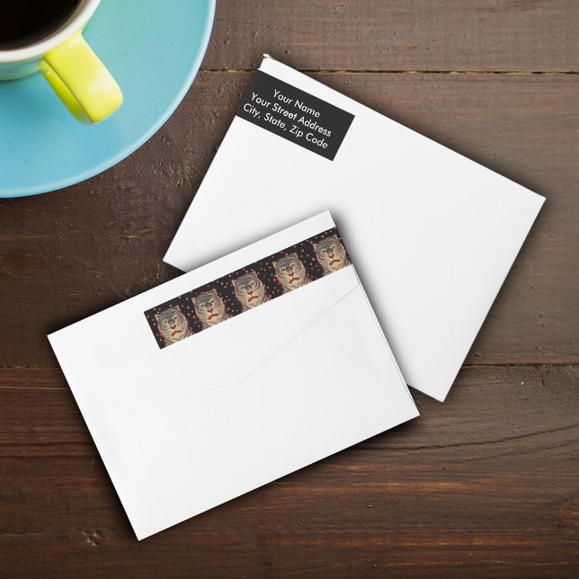 Vintage Asian Stripe Fierce Tiger Etikettband (Row of Asian Tigers with Fierce faces on Black with red dots wrap around return address labels.)
