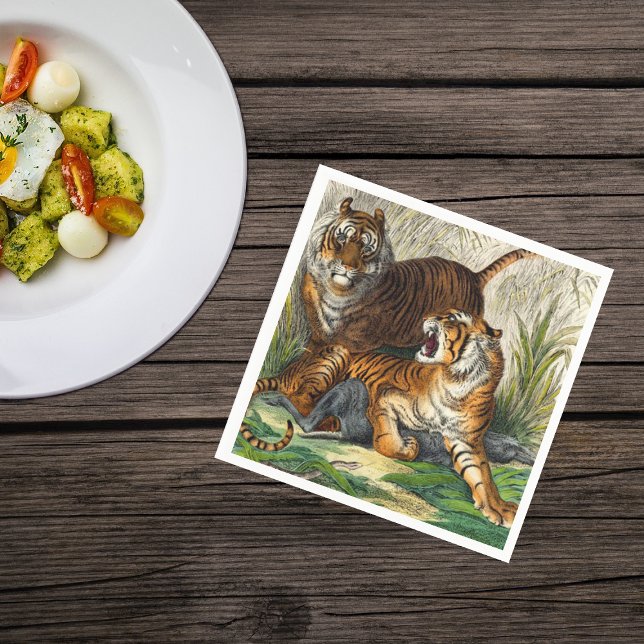 Vintage Asian Stripe Fierce Tiger Pappersservett (Two bengal striped tigers in tall grass fighting over prey on napkins.)