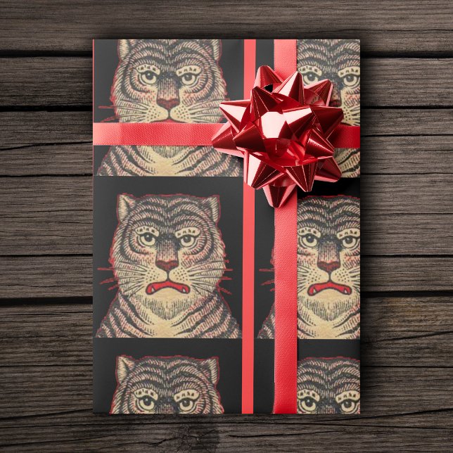 Vintage Asian Stripe Fierce Tiger Presentpapper (Asian striped tiger fierce looking face on black and red roll of gift wrapping paper.)