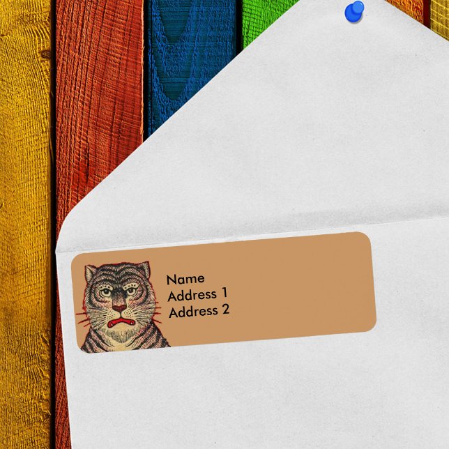 Vintage Asian Tiger Returadress Etikett (Head of striped Asian tiger with fierce face on brown return address labels.)