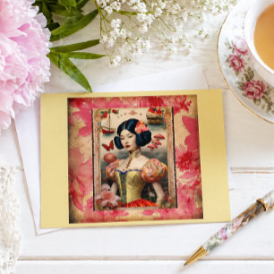 Vintage asiatiskt porträtt blomster romantisk vykort