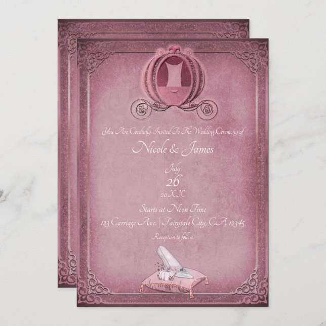 Vintage Askungen Hallon & Roséguld Bröllop Inbjudningar (Fram/baksida)