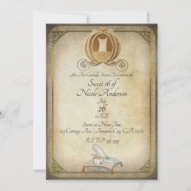Vintage Askungen vagn & sko Sweet 16 Inbjudningar (Framsida)