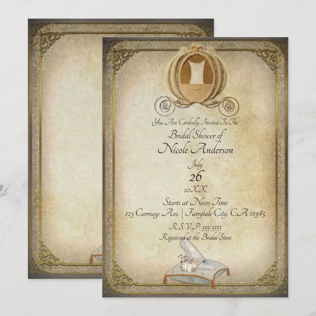 Vintage Askungen vagnsko Bröllopsdusch Inbjudningar (Fram/baksida)